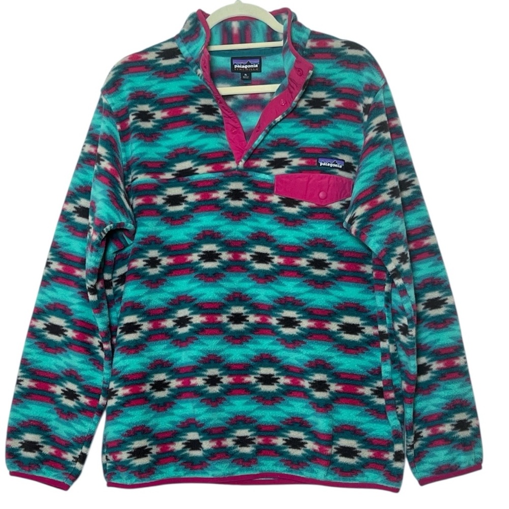 Patagonia Teal & Pink Printed Synchilla Snap-T Pullover! EUC!